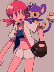 Rule 34 | 1girl, aipom, baseball glove, commentary request, creatures (company), eyelashes, game freak, gen 2 pokemon, grey background, highres, jacket, long hair, nintendo, open clothes, open jacket, open mouth, pink eyes, pink hair, pokemon, pokemon (creature), pokemon gsc, pokemon on arm, short sleeves, shorts, simple background, twintails, tyako 089, white jacket, white shorts, whitney (pokemon)