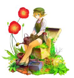 Rule 34 | 1girl, absurdres, animal ears, bare legs, blonde hair, blue eyes, brown gloves, closed mouth, curled horns, flower, gloves, grass, green overalls, hair between eyes, highres, holding, holding watering can, horns, komota (kanyou shoujo), looking at viewer, monster girl, original, overall shorts, overalls, plant, potted plant, red flower, satyr, shirt, simple background, sitting, solo, watering can, white background, white shirt