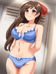 Rule 34 | 1girl, absurdres, arms behind back, blue bra, blue panties, bow, bow bra, bow panties, bra, breasts, brown hair, cleavage, closed mouth, commentary request, commission, cowboy shot, crotch seam, hair ribbon, highres, indoors, kantai collection, large breasts, locker, locker room, long hair, looking to the side, mamiya (kancolle), open mouth, panties, pixiv commission, red eyes, red ribbon, ribbon, smile, solo, standing, textless version, underwear, underwear only, zanntetu