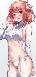 Rule 34 | 1girl, adjusting hair, bare shoulders, blue eyes, blunt bangs, blush, bob cut, breasts, cable knit, commentary request, cowboy shot, detached sleeves, flying sweatdrops, garter straps, go-toubun no hanayome, hair ornament, hand up, highres, kurosaki coco, looking at viewer, medium breasts, medium hair, meme attire, nakano nino, navel, open mouth, panties, pink hair, raised eyebrow, ribbed legwear, ribbed panties, ribbed sleeves, ribbed thighhighs, ribbon, side-tie panties, sideboob, sidelocks, simple background, sleeveless, sleeveless sweater, sleeveless turtleneck, solo, stomach, sweater, teeth, thighhighs, turtleneck, turtleneck sweater, underwear, upper teeth only, virgin destroyer sweater, white background, white garter straps, white panties, white ribbon, white sweater