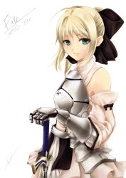 Rule 34 | 00s, 1girl, ahoge, aqua eyes, armor, armored dress, artoria pendragon (all), artoria pendragon (fate), bare shoulders, blonde hair, bow, capcom, detached sleeves, dress, fate/stay night, fate/unlimited codes, fate (series), gauntlets, gloves, hair ribbon, hand on hilt, highres, looking at viewer, ponytail, ribbon, saber (fate), saber lily, short hair, signature, simple background, smile, solo, sword, u-1 (suzumiyaharuhi saikou), weapon, white background
