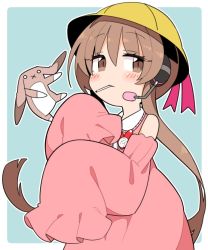 Rule 34 | 1girl, :x, blush, brown eyes, dress, hat, headset, heart, ini (inunabe00), kindergarten uniform, light brown hair, long hair, looking at viewer, mouth hold, pink dress, school hat, sleeves past fingers, sleeves past wrists, solo, stuffed animal, stuffed rabbit, stuffed toy, tsukuyomi ai, twintails, very long hair, voiceroid