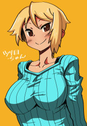 Rule 34 | 1girl, bad id, bad tumblr id, blonde hair, borrowed character, breasts, brown eyes, collarbone, female focus, impossible clothes, impossible sweater, large breasts, matsuda yuusuke, orange background, original, ribbed sweater, short hair, smile, solo, sweater, tsurime, tsurime-chan