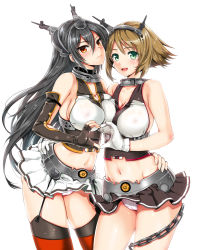 Rule 34 | 10s, 2girls, :d, asymmetrical docking, black hair, breast press, breasts, brown hair, cameltoe, cleavage, covered erect nipples, elbow gloves, garter straps, gloves, green eyes, hand on another&#039;s hip, heart, heart hands, heart hands duo, kantai collection, kojima saya, large breasts, long hair, microskirt, midriff, miniskirt, multiple girls, mutsu (kancolle), nagato (kancolle), navel, open mouth, panties, pantyshot, red eyes, short hair, sideboob, skirt, smile, standing, thighhighs, underwear, upskirt, very long hair