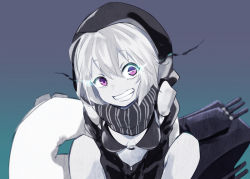 Rule 34 | 10s, 1girl, abyssal ship, bikini, bikini top only, clenched teeth, glowing, glowing eyes, hood, ica, kantai collection, o-ring, o-ring top, pale skin, purple eyes, re-class battleship, short hair, silver hair, smile, solo, swimsuit, teeth