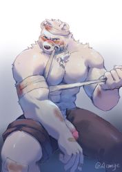 Rule 34 | 1boy, abs, alternate pectoral size, animal ears, arange (youhei79384157), bandaged head, bandages, bandaid, bandaid on face, bandaid on nose, bara, bear boy, bear ears, biceps, blush, brown pants, feet out of frame, flaccid, furry, furry male, highres, injury, large pectorals, male focus, muscular, muscular male, navel, navel hair, nipples, odd taxi, open fly, pants, pants rolled up, pectoral squeeze, pectorals, penis, precum, sekiguchi (odd taxi), short hair, solo, stomach, sunglasses, thick thighs, thighs, topless male, uncensored, white fur
