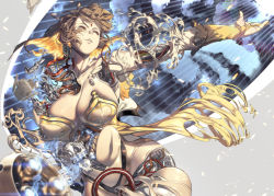 Rule 34 | 1girl, blonde hair, breasts, bridal gauntlets, brown hair, cleavage, commentary, cyborg, death, destruction, dissolving, elbow gloves, english commentary, covered erect nipples, eureka brider, forehead jewel, gears, gloves, highres, large breasts, multicolored hair, original, outstretched arm, pale skin, pasties, red eyes, short hair, solo, two-tone hair