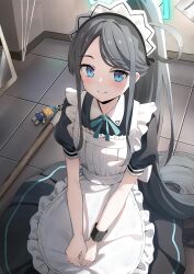 Rule 34 | &lt;key&gt; (robot) (blue archive), 1girl, absurdly long hair, absurdres, apron, aris (blue archive), aris (maid) (blue archive), bekkuro, black hair, blue archive, blue eyes, blush, closed mouth, frilled apron, frills, green halo, halo, highres, indoors, long hair, looking at viewer, maid, maid headdress, official alternate costume, ponytail, smile, solo, very long hair, white apron