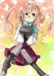 Rule 34 | 1girl, absurdres, adapted turret, ahoge, aqua-framed eyewear, bad id, bad twitter id, boots, cannon, cross-laced footwear, double bun, full body, glasses, gradient background, grey pantyhose, hair bun, halterneck, highres, kanmiya shinobu, kantai collection, lace-up boots, long sleeves, looking at viewer, makigumo (kancolle), pantyhose, pink hair, school uniform, semi-rimless eyewear, shirt, sleeves past fingers, sleeves past wrists, smile, solo, turret, twintails, under-rim eyewear, white shirt, yellow eyes