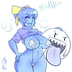 Rule 34 | 1girl, :p, bikini, blue eyes, blue hair, blue skin, breasts, clothes lift, colored skin, curvy, ghost, hair ribbon, hip focus, large breasts, long hair, lowres, maniacpaint, marina (noill), matching hair/eyes, micro bikini, monster girl, navel, open mouth, original, pasties, ponytail, ribbon, shirt lift, short hair, simple background, slingshot swimsuit, smile, solo, sweater, swimsuit, tongue, tongue out, white background, wide hips
