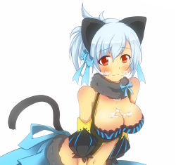 Rule 34 | 1girl, animal ears, bad id, bad pixiv id, blue hair, blush, breasts, cat ears, cat tail, character request, cleavage, collar, cream, fantasy earth zero, hair ribbon, highres, midriff, navel, red eyes, ribbon, sexually suggestive, solo, suggestive fluid, suu2501, suu2510, tail