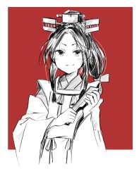 Rule 34 | 1girl, annin musou, bad id, bad twitter id, border, folded fan, commentary request, cowboy shot, folding fan, hair tie, hand fan, headgear, high ponytail, highres, japanese clothes, kantai collection, kariginu, lineart, long hair, long sleeves, monochrome, multi-tied hair, nisshin (kancolle), red background, ribbon-trimmed sleeves, ribbon trim, short eyebrows, solo, spot color, thick eyebrows, very long hair, white border, wide sleeves