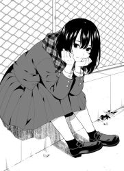 Rule 34 | 1girl, ankle socks, arm support, blazer, chain-link fence, closed mouth, fence, greyscale, hair between eyes, head in hand, head rest, jacket, leaning forward, loafers, looking at viewer, mattaku mousuke, monochrome, original, plaid, plaid scarf, pleated skirt, scarf, school uniform, shoes, sitting, skirt, socks, solo