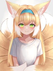 Rule 34 | 1girl, absurdres, animal ear fluff, animal ears, arknights, blonde hair, blue hairband, closed mouth, collarbone, fox ears, fox girl, fox tail, gradient background, grey background, hairband, highres, kitsune, kyuubi, long hair, looking at viewer, multicolored hair, multiple tails, shirt, short sleeves, smile, solo, suzuran (arknights), tail, two-tone hair, upper body, very long hair, white background, white hair, white shirt, yon (isieuniya)