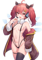 Rule 34 | 1girl, 5danny1206, :d, absurdres, ahoge, areola slip, armpits, bare shoulders, bikini, black bikini, black thighhighs, breasts, brown jacket, cowboy shot, detached collar, fang, groin, hair ornament, hair ribbon, hairclip, headphones, highres, jacket, long hair, long sleeves, looking at viewer, navel, off shoulder, one-piece swimsuit, open clothes, open jacket, open mouth, original, red eyes, red hair, ribbon, side-tie bikini bottom, single thighhigh, skindentation, slingshot swimsuit, small breasts, smile, solo, standing, stomach, string bikini, swimsuit, thigh strap, thighhighs, thighs, twintails, wings