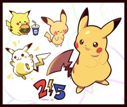 Rule 34 | :3, :d, art shift, artsy-rc, black border, border, commentary, creatures (company), cup, dated, drinking glass, drinking straw, english commentary, food, game freak, gen 1 pokemon, burger, highres, holding, holding food, looking at viewer, nintendo, no humans, open mouth, pikachu, pikachu day, pixel art, pokemon, pokemon (creature), signature, smile