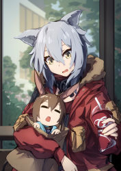 Rule 34 | 2girls, absurdres, amiya (arknights), animal ears, arknights, bag, black jacket, brown hair, closed eyes, cup, disposable cup, fur-trimmed hood, fur trim, grey hair, hair between eyes, highres, holding, holding bag, holding cup, hood, hooded jacket, in bag, in container, jacket, long hair, long sleeves, looking at viewer, multiple girls, open clothes, open jacket, open mouth, paper bag, ponytail, projekt red (arknights), rabbit ears, red jacket, rnna, sidelocks, tearing up, upper body, wolf ears, yellow eyes