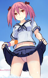Rule 34 | &gt;:), 10s, 1girl, blue sky, blush, breasts, clothes lift, cloud, cowboy shot, day, hair bobbles, hair ornament, highres, irohara, kantai collection, lifted by self, looking at viewer, midriff, midriff peek, miniskirt, navel, outdoors, panties, pink eyes, pink hair, pink panties, pleated skirt, sazanami (kancolle), school uniform, serafuku, short hair, short sleeves, sketch, skirt, skirt lift, sky, small breasts, smile, solo, standing, twintails, twitter username, underwear, upskirt, v-shaped eyebrows, water