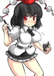 Rule 34 | 1girl, :p, bad anatomy, black hair, blush, bouncing breasts, breasts, gaoo (frpjx283), hat, highres, large breasts, microskirt, miniskirt, naughty face, notebook, pen, pom pom (clothes), red eyes, shameimaru aya, skirt, solo, tokin hat, tongue, tongue out, touhou