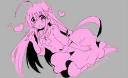 Rule 34 | 00s, 1girl, :d, ahoge, blush, character name, floating, grey background, hair ornament, long hair, lyrical nanoha, mahou shoujo lyrical nanoha strikers, mikaze, monochrome, open mouth, pink theme, reinforce zwei, simple background, sketch, skirt, smile, solo, waving, x hair ornament