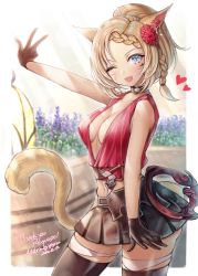 Rule 34 | 1girl, animal ears, black gloves, blue eyes, blurry, blurry background, blush, braid, breasts, cat ears, cat tail, chakram, choker, cleavage, cowboy shot, dated, earrings, facial mark, fang, final fantasy, final fantasy xiv, flower, forehead, gloves, hair flower, hair ornament, heart, highres, jewelry, medium breasts, midriff, miqo&#039;te, mirukurim, navel, one eye closed, open mouth, pleated skirt, plunging neckline, ponytail, short hair, short ponytail, skin fang, skirt, slit pupils, tail, thighhighs, warrior of light (ff14), weapon, whisker markings
