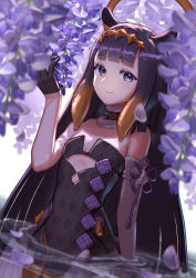 Rule 34 | 1girl, arimoto wataru, bare shoulders, black gloves, blunt bangs, blush, breasts, flower, flower knot, gloves, highres, hololive, hololive english, hydrangea, long hair, looking at viewer, ninomae ina&#039;nis, ninomae ina&#039;nis (1st costume), petals, pointy ears, purple eyes, purple hair, small breasts, smile, solo, tentacle hair, virtual youtuber, water, white background