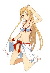 Rule 34 | 10s, 1girl, adapted costume, arm ribbon, arm up, asuna (sao), bare legs, bare shoulders, barefoot, bikini, breasts, brown eyes, brown hair, bunbun, cleavage, clothes lift, full body, highres, kneeling, leg ribbon, long hair, long legs, navel, ribbon, sarong, sarong lift, smile, solo, swimsuit, sword art online, thigh ribbon, transparent background, very long hair, white bikini