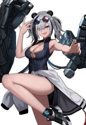 Rule 34 | 1girl, :d, animal ears, arknights, armpits, bare arms, bare legs, bare shoulders, black dress, cero (last2stage), china dress, chinese clothes, clothes around waist, dress, eyewear on head, feater (arknights), gold trim, grey hair, grey jacket, hair over one eye, hand up, highres, jacket, jacket around waist, knee up, long hair, looking at viewer, mechanical arms, multicolored hair, open mouth, outstretched arm, panda ears, pelvic curtain, red eyes, round eyewear, shoes, simple background, sleeveless, sleeveless dress, smile, sneakers, socks, solo, streaked hair, sunglasses, thighs, twintails, white background