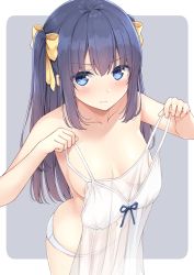 Rule 34 | 1girl, absurdres, areola slip, bare arms, bare shoulders, blue eyes, blue hair, bow, breasts, clothes in front, collarbone, cowboy shot, frown, hair bow, highres, karutamo, long hair, looking at viewer, medium breasts, nightgown, no bra, original, panties, rakugaki-chan, see-through, solo, spaghetti strap, standing, topless, two side up, underwear, underwear only, white panties, yellow bow