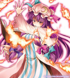 Rule 34 | 1girl, fechirin, female focus, fire, gradient background, hat, long hair, patchouli knowledge, purple eyes, purple hair, solo, touhou, white background