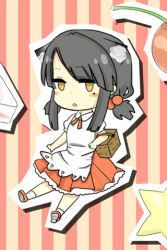 Rule 34 | apron, ascot, basket, black hair, blunt bangs, blush, cherry, elica, expressionless, food, frilled skirt, frills, fruit, holding, lowres, mole, open mouth, outstretched arm, pleated skirt, ponytail, short hair, sita vilosa, sitting, skirt, socks, solo, star (symbol), striped, sword girls, white socks, yellow eyes