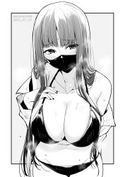 Rule 34 | 1girl, bikini, blush, breasts, cleavage, collarbone, fingernails, grey background, greyscale, hand on own chest, heart, heart-shaped pupils, highres, kichihachi, large breasts, long hair, looking at viewer, mask, mole, mole on breast, mole under eye, monochrome, mouth mask, navel, original, simple background, solo, sweat, swimsuit, symbol-shaped pupils, twitter username, two-tone background, white background