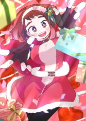 Rule 34 | 1girl, bell, black gloves, black leggings, blush, boku no hero academia, breasts, brown eyes, brown hair, buckle, cape, christmas, christmas present, confetti, dress, fingerless gloves, fur-trimmed dress, fur trim, gift, gloves, headband, heart, highres, jingle bell, large breasts, leggings, looking at viewer, open mouth, outstretched arms, red background, red cape, red dress, ribbon, saburou (326xxx1), santa costume, santa dress, short hair, solo, uraraka ochako