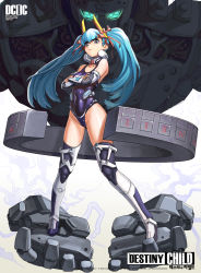 Rule 34 | &gt;:(, 1girl, absurdres, artist request, blue eyes, blue hair, blue one-piece swimsuit, blue thighhighs, breasts, cleavage, copyright name, covered navel, crossed arms, danu (destiny child), destiny child, detached collar, detached sleeves, disembodied hand, facing away, frown, full body, hair ribbon, hand on own arm, headgear, highres, mecha, medium breasts, one-piece swimsuit, ribbon, robot, school swimsuit, solo, standing, swimsuit, thighhighs, twintails, v-shaped eyebrows