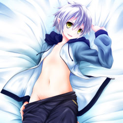 Rule 34 | 1girl, bed sheet, flat chest, highres, innocent red, lying, on back, original, pointy ears, sheet grab, short hair, silver hair, smile, solo, watarui, yellow eyes