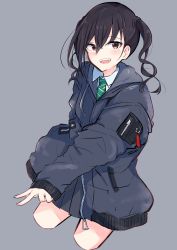 Rule 34 | 1girl, :d, black hair, black jacket, blush, brown eyes, collared shirt, commentary request, cropped legs, drawstring, green necktie, grey background, hair between eyes, hanetsuka, highres, hood, hooded jacket, idolmaster, idolmaster cinderella girls, jacket, long hair, long sleeves, looking at viewer, mole, mole under eye, necktie, open mouth, sharp teeth, shirt, simple background, sleeves past wrists, smile, solo, sunazuka akira, teeth, twintails, upper teeth only, v, wavy hair, white shirt, zipper pull tab