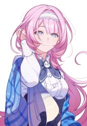 Rule 34 | 1girl, absurdres, blue eyes, breasts, elysia (honkai impact), hair intakes, hairband, highres, honkai (series), honkai impact 3rd, long hair, long sleeves, looking at viewer, pink hair, pointy ears, shawl, shirt, shizishizi (shizi38651), simple background, small breasts, solo, upper body, very long hair, white background, white hairband, white shirt