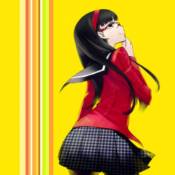 Rule 34 | 1girl, amagi yukiko, atlus, black eyes, black hair, black pantyhose, black skirt, chan co, checkered clothes, checkered skirt, cowboy shot, from behind, glasses, hairband, hand on another&#039;s chin, hand on own chin, highres, houndstooth, long hair, long sleeves, looking back, miniskirt, pantyhose, persona, persona 4, pleated skirt, profile, school uniform, serafuku, skirt, smile, solo