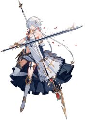 Rule 34 | 1girl, ark order, asymmetrical footwear, bare shoulders, bean sprouts (6651003), black gloves, blue eyes, boots, bow, breasts, bridal gauntlets, dress, elbow gloves, expressionless, full body, gloves, gold trim, highres, holding, holding sword, holding weapon, knee boots, large breasts, looking at viewer, lugh (ark order), mismatched footwear, official art, petals, shorts, sidelocks, single knee boot, single thigh boot, sleeveless, sleeveless dress, solo, sword, tachi-e, thigh boots, thighhighs, transparent background, weapon, white bow, white dress, white footwear, white hair, white shorts