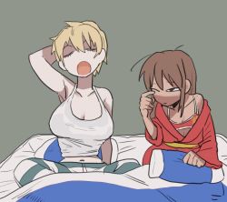 Rule 34 | 2girls, blonde hair, bra, breasts, brown hair, capcom, cleavage, closed eyes, cody, cover, crop top, dancho no mori, final fight, guy (final fight), long hair, medium breasts, multiple girls, pajamas, pillow, short hair, small breasts, street fighter, street fighter v, underwear, yawning