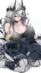 Rule 34 | 1boy, 1girl, absurdres, arknights, bare shoulders, grabbing another&#039;s breast, breast sucking, breasts, covered erect nipples, doctor (arknights), grabbing, highres, hood, hood up, kokihanada, lactation, lactation through clothes, large breasts, mudrock (arknights), red eyes, sitting, tank top, wariza, white hair