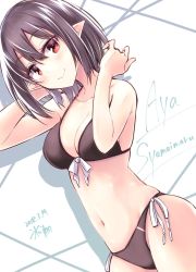 Rule 34 | 1girl, arms up, bikini, black bikini, black hair, blush, breasts, character name, cleavage, closed mouth, cowboy shot, dated, dutch angle, front-tie bikini top, front-tie top, hand in own hair, highres, hikawa shou, looking at viewer, medium breasts, navel, pointy ears, red eyes, ribbon, shameimaru aya, short hair, side-tie bikini bottom, signature, skindentation, smile, solo, standing, stomach, swimsuit, thighs, touhou, two-tone background, white ribbon