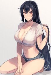 Rule 34 | 1girl, barefoot, black hair, blue shorts, blush, breasts, cleavage, closed mouth, collarbone, denim, denim shorts, hair between eyes, highres, kantai collection, kasumi (skchkko), large breasts, long hair, looking at viewer, nagato (kancolle), navel, red eyes, shirt, short shorts, short sleeves, shorts, sitting, smile, solo, white shirt