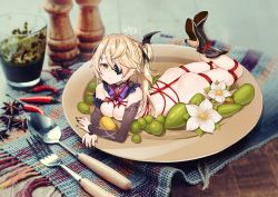 Rule 34 | 1girl, ass, bad id, bad pixiv id, bdsm, blonde hair, blush, bondage, boots, bound, bowl, breasts, commentary request, cup, detached sleeves, eyepatch, fischl (genshin impact), flower, food, fork, full body, genshin impact, goyain, green eyes, hair ribbon, high heels, highres, in food, long hair, looking at viewer, lying, medium breasts, mini person, minigirl, nail polish, on stomach, peas, photo background, plate, restrained, ribbon, rope, salt shaker, shibari, solo, spoon, two side up