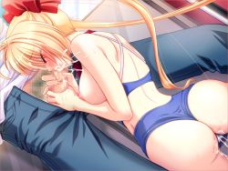 Rule 34 | 1boy, 1girl, artist request, ass, back, blonde hair, blush, censored, character request, closed eyes, copyright request, cum, cum in mouth, fellatio, long hair, mosaic censoring, nipple slip, nipples, oral, penis grab, pussy juice, swimsuit, thighhighs, twintails