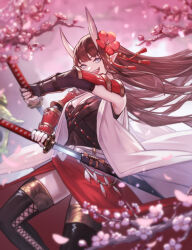 Rule 34 | 1girl, armor, armpit peek, black hair, black thighhighs, blue eyes, breasts, character request, cherry blossoms, cleavage, commentary request, copyright request, covered navel, dual wielding, falling petals, flower, grin, hair flower, hair ornament, hime cut, holding, holding sword, holding weapon, horns, katana, long hair, looking at viewer, medium breasts, oni, oni horns, open mouth, outdoors, pauldrons, petals, pointy ears, red skirt, relayrl, sheath, shoulder armor, skirt, smile, solo, sword, teeth, thighhighs, unsheathing, upper teeth only, very long hair, weapon