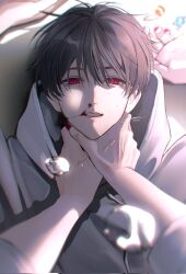Rule 34 | 1boy, black hair, blood, commentary request, crying, crying with eyes open, dated, grey hoodie, highres, hood, hoodie, looking at viewer, lying, male focus, mugi oyasumi, nosebleed, on back, original, parted lips, pink eyes, pink nails, pov, pov hands, short hair, signature, solo, teardrop, tears