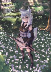 Rule 34 | 1girl, absurdres, animal ears, bare shoulders, black thighhighs, blue eyes, blush, breasts, collar, collarbone, detached collar, flower, forest, fox, fox ears, grass, highres, huge filesize, japanese clothes, kimono, long hair, looking at viewer, marinesnow, medium breasts, nature, original, outdoors, ribbon-trimmed sleeves, ribbon trim, river, rock, sash, scenery, silver hair, smile, solo, sword, thighhighs, tree, very long hair, water, weapon, zettai ryouiki