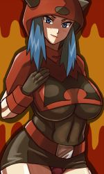 Rule 34 | 1girl, belt, black dress, black gloves, blue eyes, blue hair, blush, breasts, capelet, closed mouth, covered navel, cowboy shot, creatures (company), dress, fake horns, game freak, gloves, hand on own chest, highres, hood, hood up, horns, large breasts, lips, long hair, looking at viewer, nakaba, nintendo, npc trainer, panties, pantyshot, pokemon, pokemon rse, red belt, red panties, short dress, skin tight, solo, standing, team magma, team magma grunt, toned, tsurime, two-tone background, underwear