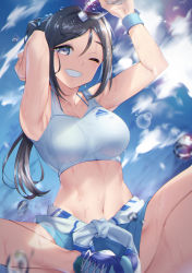 Rule 34 | 1girl, ;d, absurdres, armpits, arms up, bare legs, black hair, blue footwear, blue skirt, blue sky, blush, bottle, breasts, cloud, commentary request, day, grin, highres, holding, holding bottle, indian style, large breasts, lens flare, long hair, looking at viewer, love live!, love live! sunshine!!, matsuura kanan, miniskirt, navel, one eye closed, open mouth, outdoors, parted bangs, ponytail, purple eyes, shoes, sitting, skirt, sky, smile, sneakers, solo, sportswear, stomach, sweatband, teeth, water drop, wet, yamaori (yamaorimon)